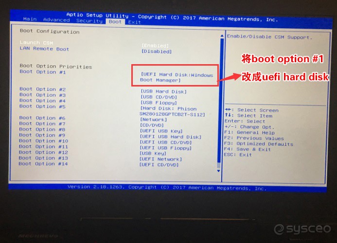 将Boot Option #1改成UEFI hard disk