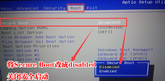 secure Boot按回车改成Disabled